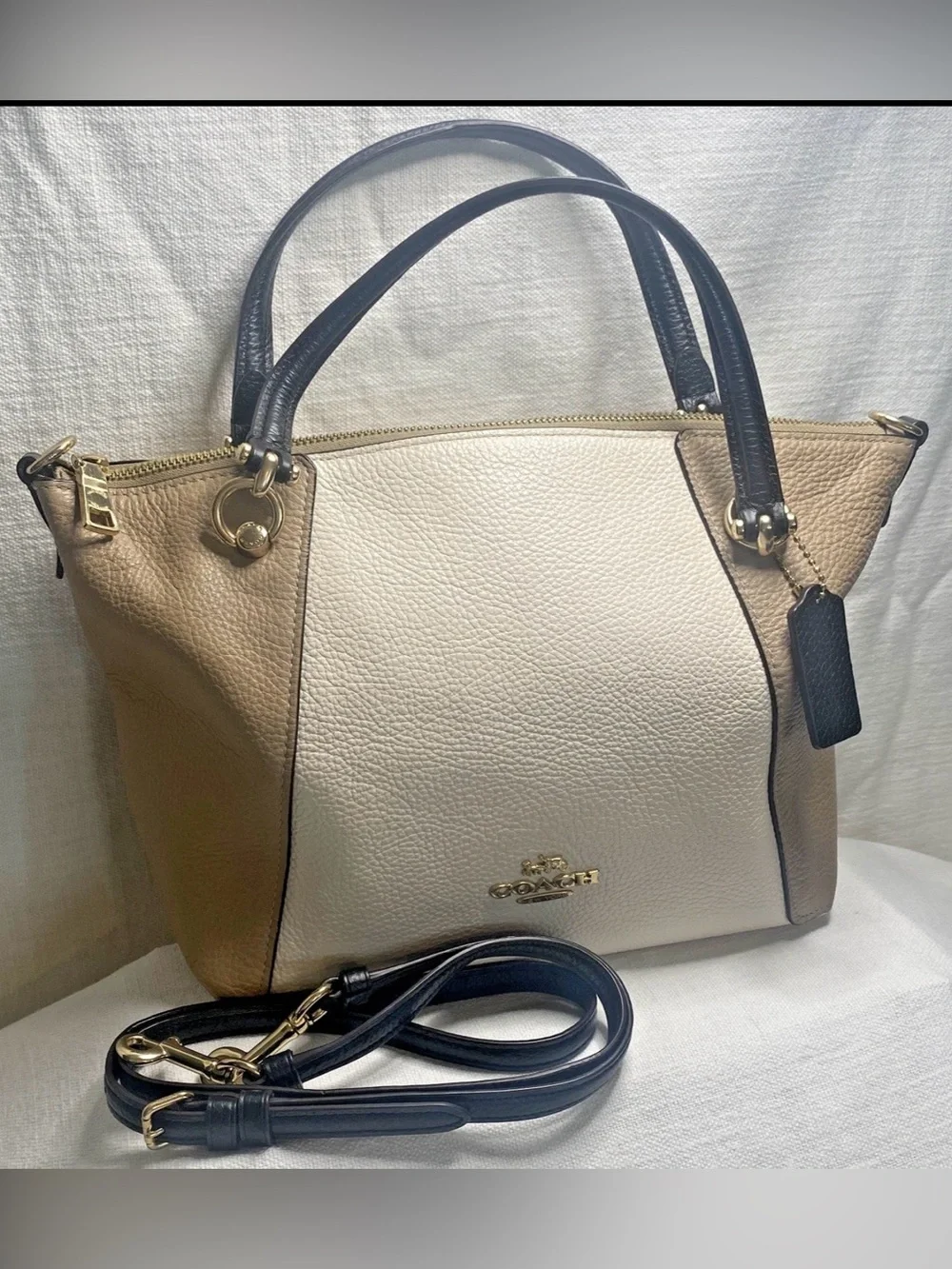 Coach Tri-Tone Leather Satchel - Cream, Tan & Navy